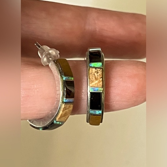 Native American Sterling Tiger Eye Opal Multi Stone Inlaid Half Cuff earrings OS - Picture 1 of 9